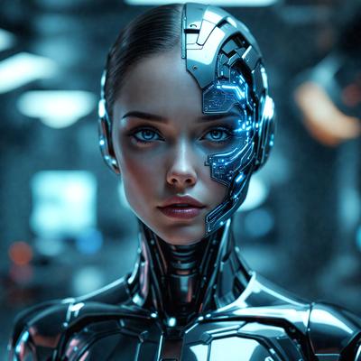 The primary subject of the image is a woman with a futuristic, cyberpunk appearance. She is wearing a silver, metallic outfit and has a blue-eyed, glowing, digital look. The setting is a futuristic environment, possibly a space station or a high-tech facility. The visual style is a combination of digital art and illustration, creating a striking and unique image. The colors and mood of the image are predominantly silver, blue, and futuristic, giving
